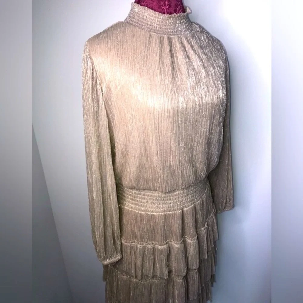 Sam & Jess Semi-Sheer Tiered Ruffle Mock turtleneck Dress Shimmer Gold S…
